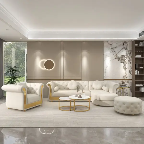 Dodiy Modern L-Shaped White Tufted Corner Sectional Sofa 6-Seater with Ottoman & Pillows - Image 3