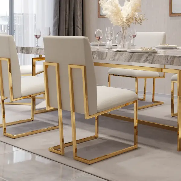 Modern Linen Dining Chair Upholstered in Beige Stainless Steel Leg Gold (Set of 2) - Image 5