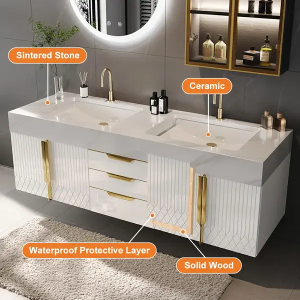 Aro 1500mm White Double Basin Wall Mounted Bathroom Vanity Drawers Faux Marble Top - Image 10