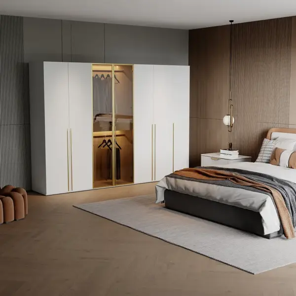 White & Gold Modern Extra Wide Wardrobe with Clear Glass Door Storage with Sensor Light - Image 10