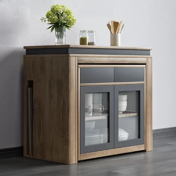 Modern Extendable Dining Table with 4 Chairs Rectangle Storage Sideboard Walnut&Gray - Image 5