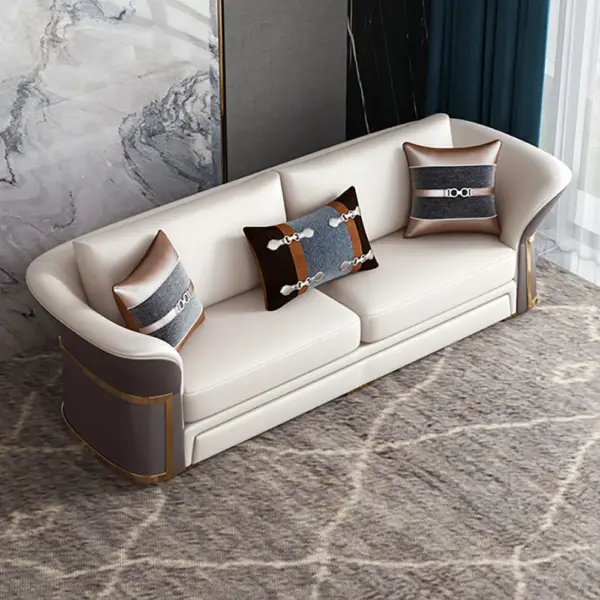 Modern Faux Leather Sofa Living Room Set in Brown & White Set of 3 - Image 12