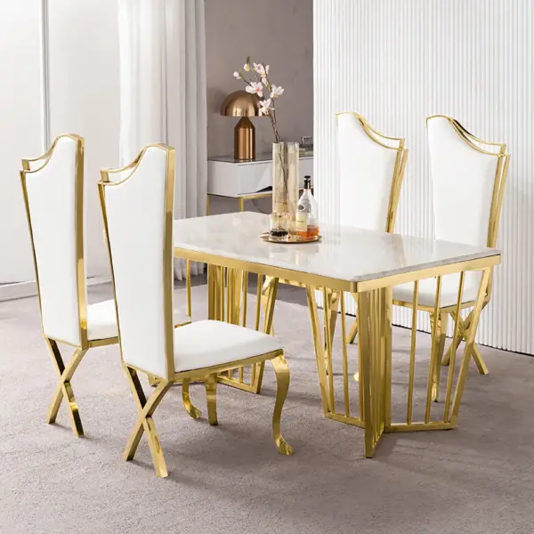 White Upholstered Dining Chairs (Set of 2) Stainless Steel Side Chair with Gold Legs - Image 4