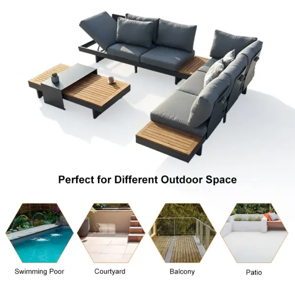 4 Pieces Modern L Shape Outdoor Sectional Sofa Set with Wood Coffee Table in Gray - Image 20