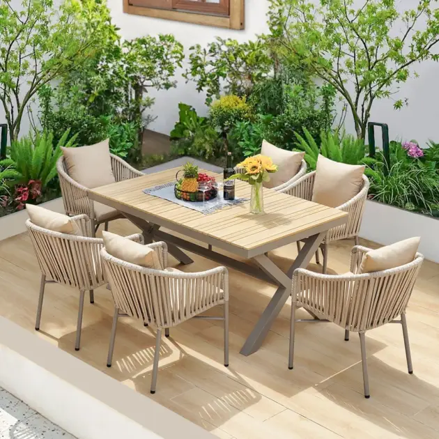 7 Pieces Outdoor Dining Set with Rectangle Table and Woven Rattan Armchair in Natural
