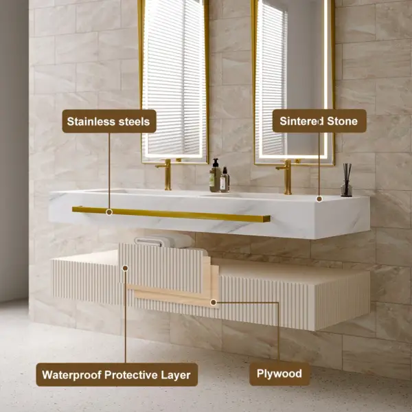 1400mm White Wall Mounted Double Basin Bathroom Vanity with 3 Drawers Faux Marble Top - Image 7