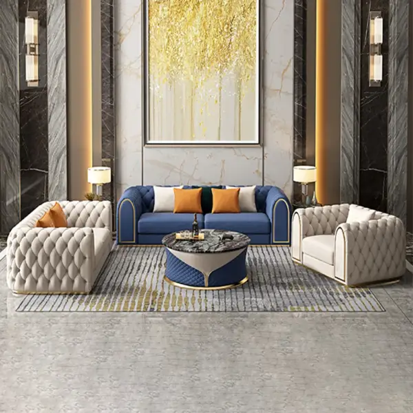 3-Piece Blue & Beige Luxury Velvet Upholstered Chesterfield Sofa Living Room Set - Image 4