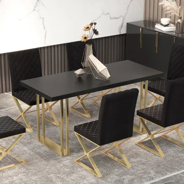 Dochic Modern Black Upholstered Leather Dining Table Chair Gold Legs Set of 2 - Image 5