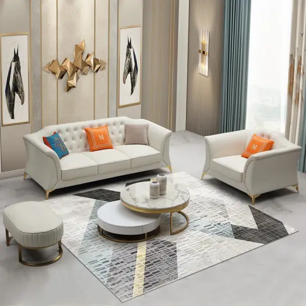 3 Piece Modern Faux Leather Living Room Set Chesterfield Sofa in Beige with Stool - Image 4