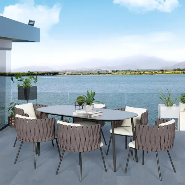 7 Pieces Outdoor Dining Set with Faux Marble Top & Aluminum Table and Rope Woven Chair - Image 3