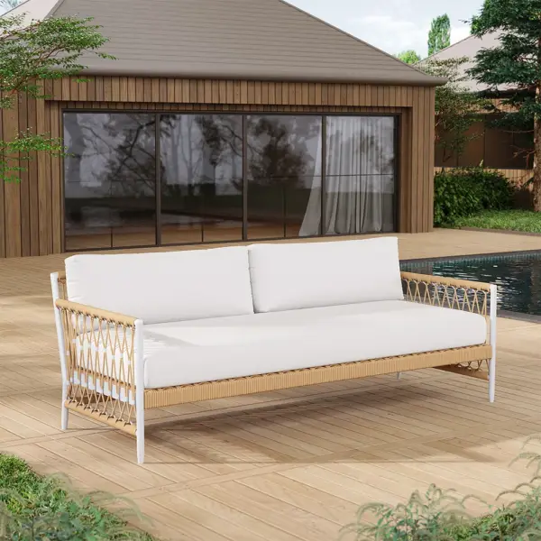 Ropipe Woven Rope Outdoor Sofa 3-Seater Sofa with White Polyester Pillow Cushion