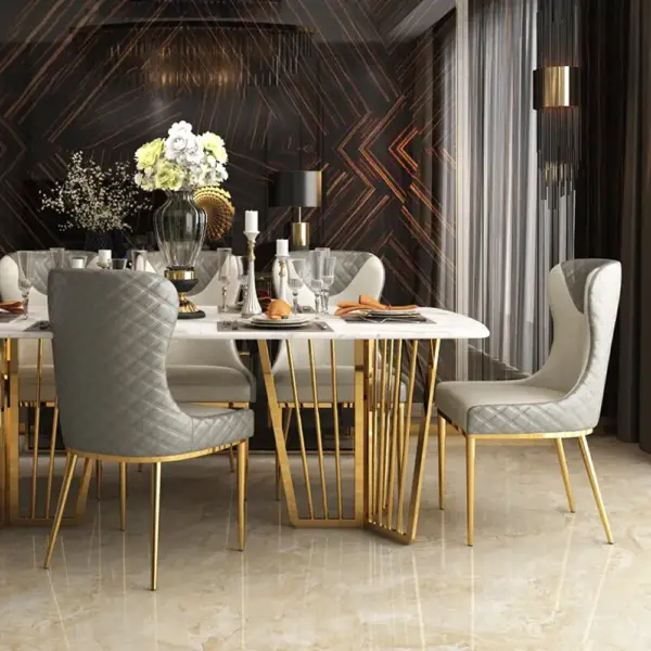 Modern Wingback Dining Chair Gray PU Leather Upholstered Side Chair Set of 2 Gold Legs - Image 3