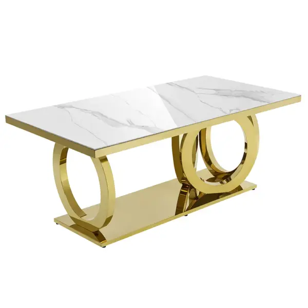 2000mm Modern Rectangle White Dining Table Sintered Stone Stainless Steel Base in Gold - Image 6