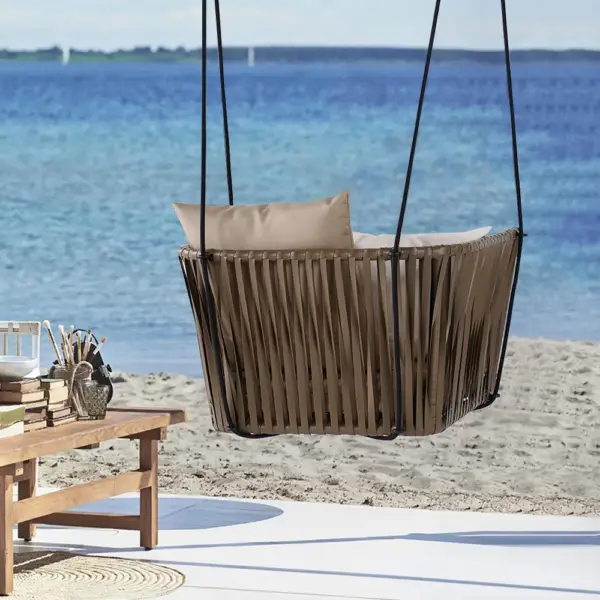 Traditional Outdoor Hanging Chair Rattan Porch Swing Chair with Khaki Cushion Pillow - Image 2
