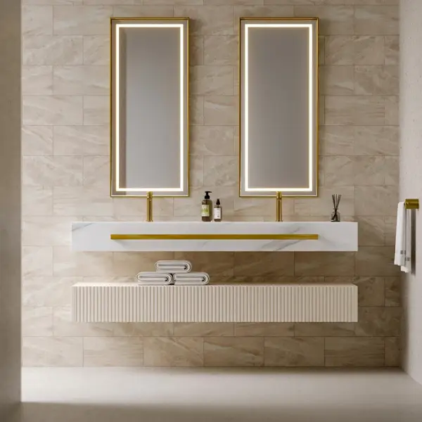 1400mm White Wall Mounted Double Basin Bathroom Vanity with 3 Drawers Faux Marble Top - Image 5