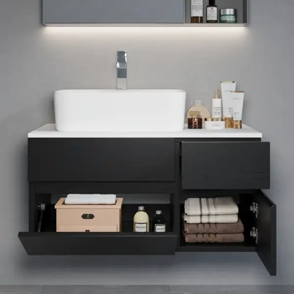 800mm Black & White Floating Bathroom Vanity Faux Marble Top Ceramic Countertop Basin - Image 2