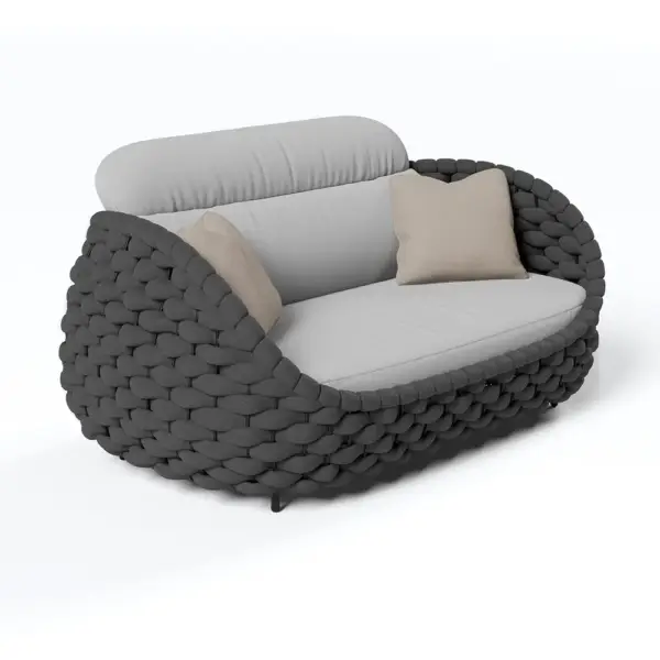 Tatta 4 Pieces Woven Rope Outdoor Sofa Set Faux Marble Top Coffee Table in Black & Gray - Image 15