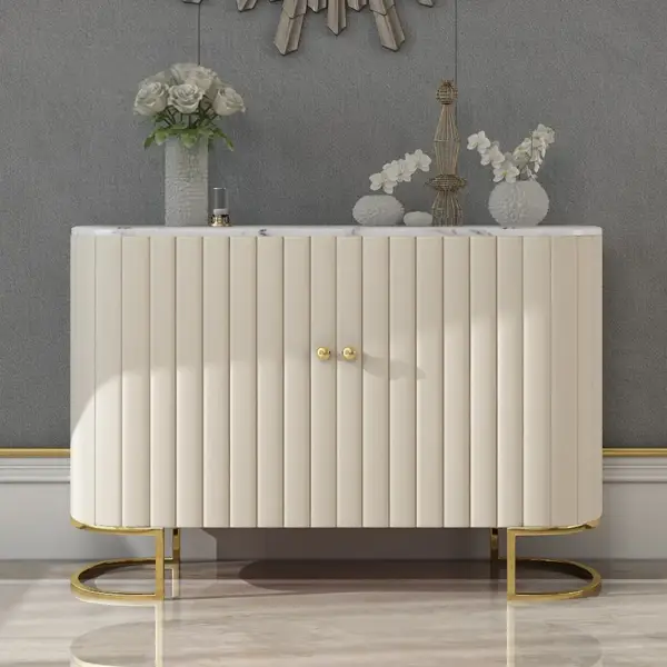 Epaule Off White Modern Sideboard Buffet PU Leather Sideboard Cabinet with Drawers Gold - Image 2