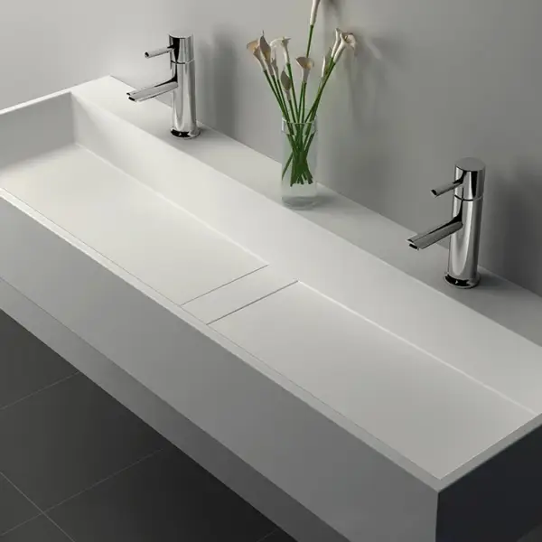 1200mm Wall-Mount Double Basin Stone Resin Matte White Floating Trough Bathroom Basin - Image 11