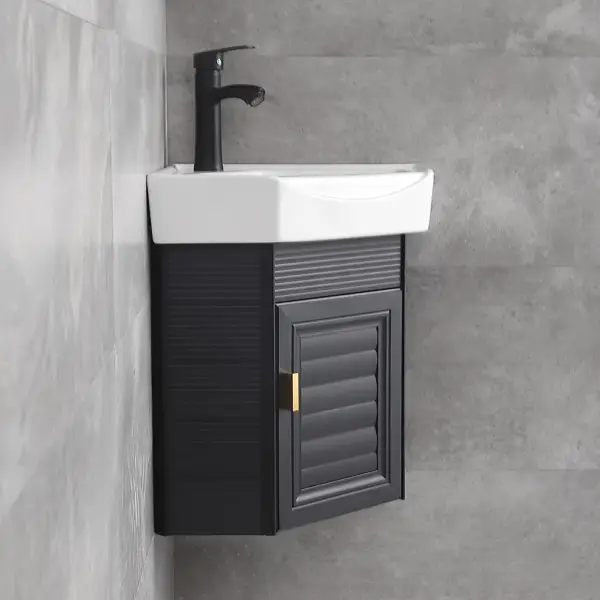 430mm Black Floating Corner Bathroom Vanity with Medicine Cabinet Ceramics Basin