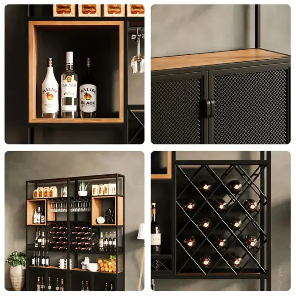 Industrial Black 5-Tier Metal Wine Cabinet with Glass Holder for Home Bar - Image 12