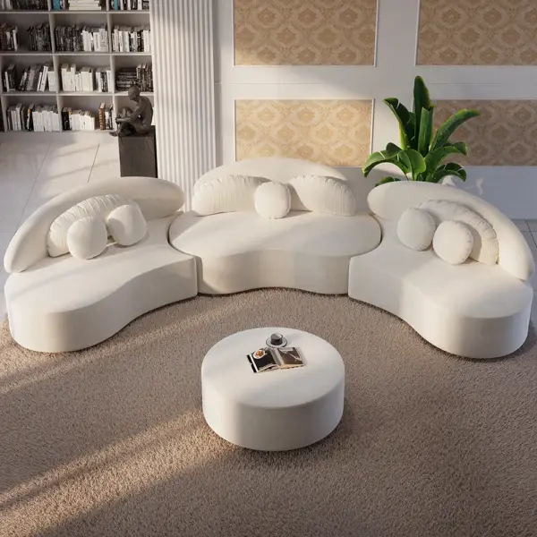 Modern 7 Seat Sectional Sofa Curved Modular Beige Velvet Upholstered with Ottoman - Image 6