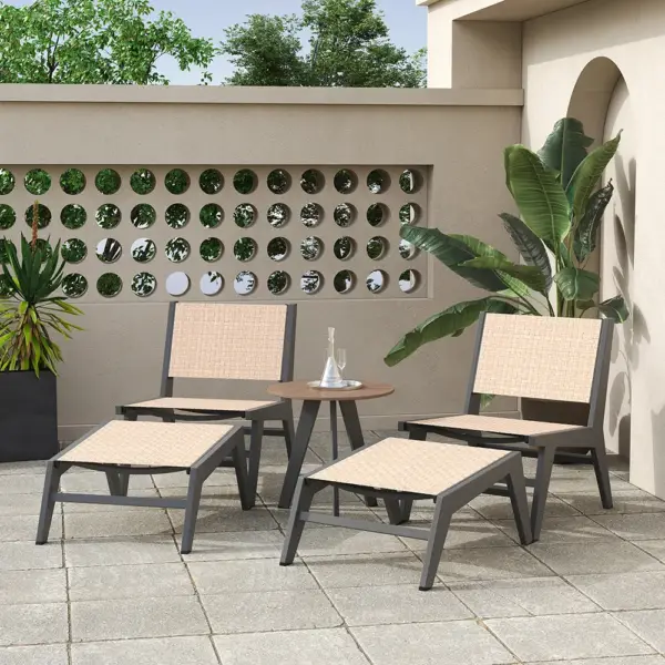 5Pcs Rustic Rattan Aluminum Outdoor Patio Lounge Chair Set Round Coffee Table & Stool - Image 5