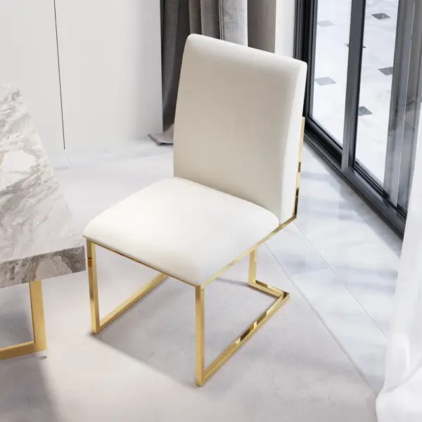 Modern Linen Dining Chair Upholstered in Beige Stainless Steel Leg Gold (Set of 2) - Image 8