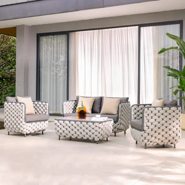 Martic 4Pcs Aluminum Rope Outdoor Sofa Set with Faux Marble Coffee Table Cushion Pillow - Image 5