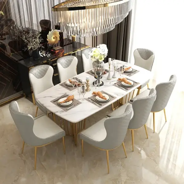 Modern Wingback Dining Chair Gray PU Leather Upholstered Side Chair Set of 2 Gold Legs - Image 2