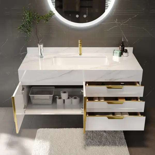 Aro 900mm White Wall Mounted Bathroom Vanity Drawers Faux Marble Top - Image 6