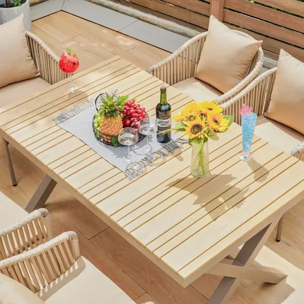 7 Pieces Outdoor Dining Set with Rectangle Table and Woven Rattan Armchair in Natural - Image 5
