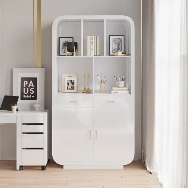 2010mm White Bookcase with Doors Modern Etagere Bookcase with Drawers - Image 4