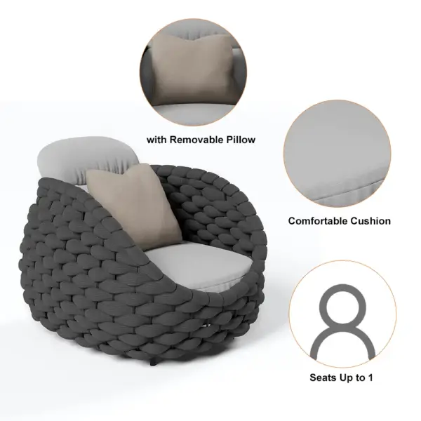 Tatta 4 Pieces Woven Rope Outdoor Sofa Set Faux Marble Top Coffee Table in Black & Gray - Image 17