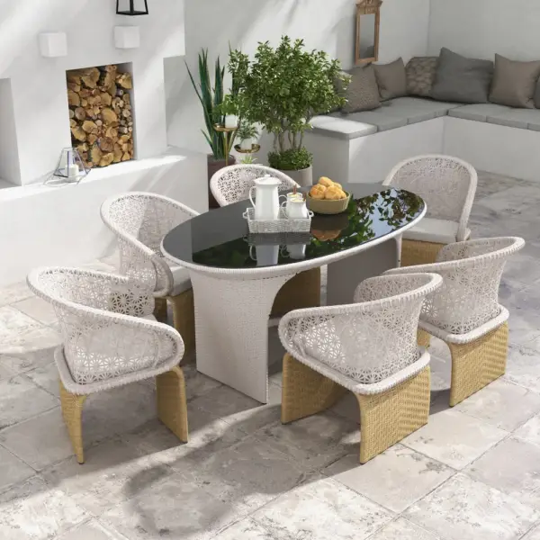7 Pieces Traditional Aluminum Outdoor Dining Set with Oval Glass Table Rattan Armchair - Image 3