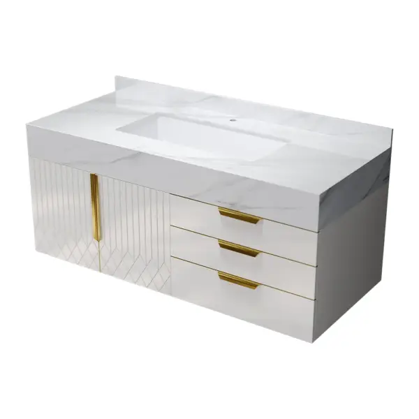 Aro 900mm White Wall Mounted Bathroom Vanity Drawers Faux Marble Top - Image 9