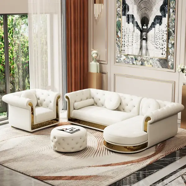 Dodiy Modern L-Shaped White Tufted Corner Sectional Sofa 6-Seater with Ottoman & Pillows - Image 6