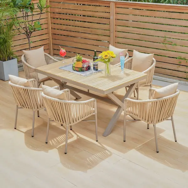 7 Pieces Outdoor Dining Set with Rectangle Table and Woven Rattan Armchair in Natural - Image 6