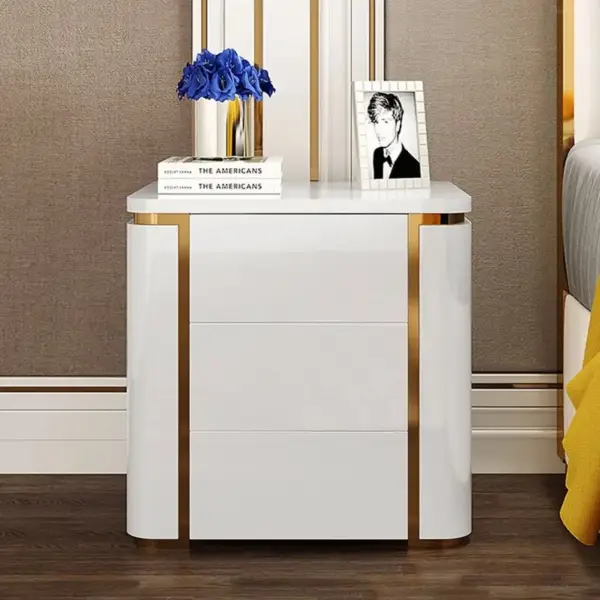 Modern Luxury White & Gold 3 Drawers Bedroom Nightstand Square Bedside Table - Image 3