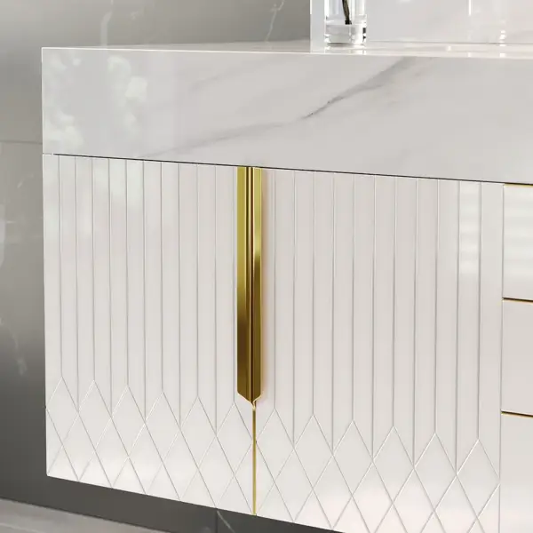 Aro 900mm White Wall Mounted Bathroom Vanity Drawers Faux Marble Top - Image 7
