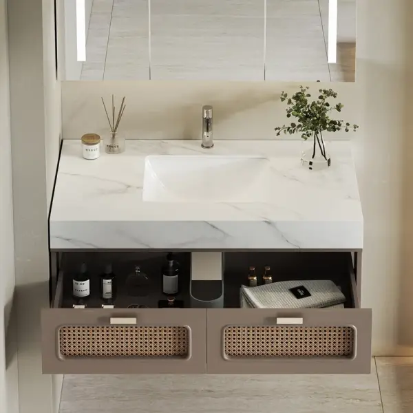 900mm Floating Single Bathroom Vanity with Faux Marble Top Rattan Door - Image 3