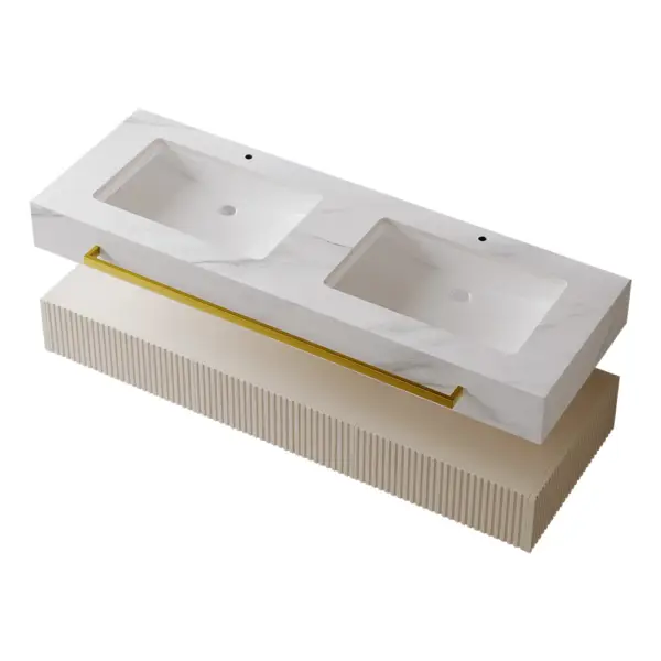 1400mm White Wall Mounted Double Basin Bathroom Vanity with 3 Drawers Faux Marble Top - Image 8