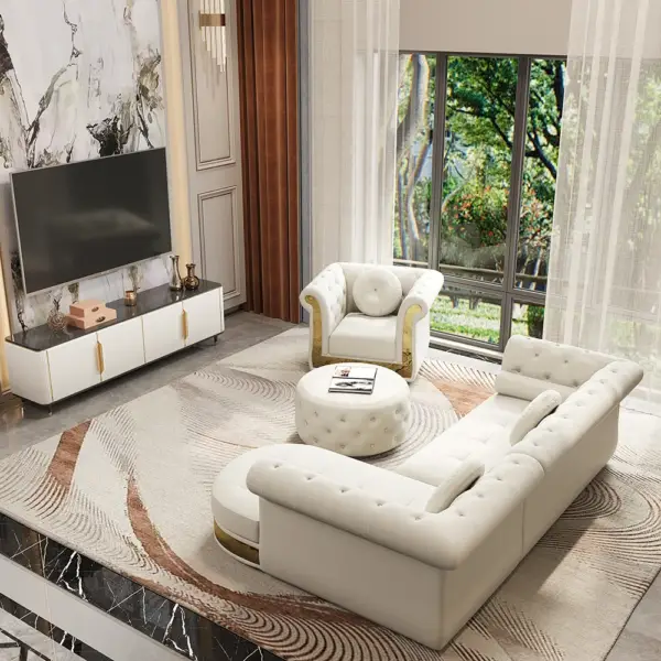 Dodiy Modern L-Shaped White Tufted Corner Sectional Sofa 6-Seater with Ottoman & Pillows - Image 7