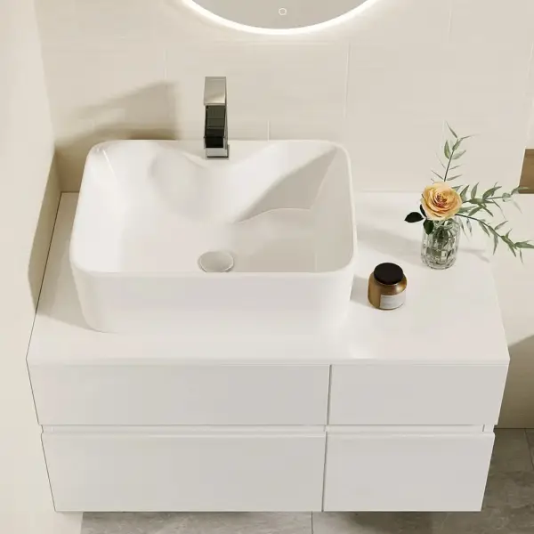 800mm White Wall-mount Floating Bathroom Vanity Faux Marble Top Ceramic Countertop Basin - Image 6