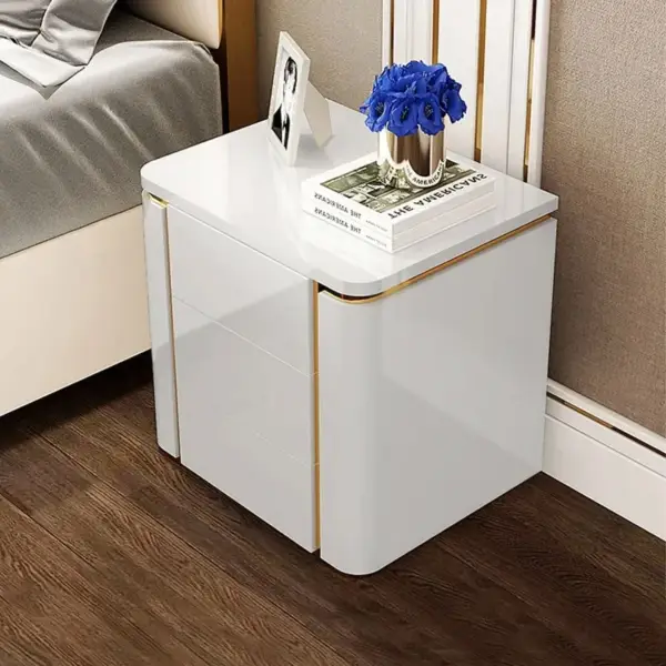 Modern Luxury White & Gold 3 Drawers Bedroom Nightstand Square Bedside Table - Image 2