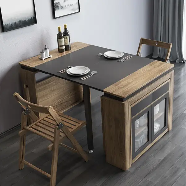 Modern Extendable Dining Table with 4 Chairs Rectangle Storage Sideboard Walnut&Gray - Image 2