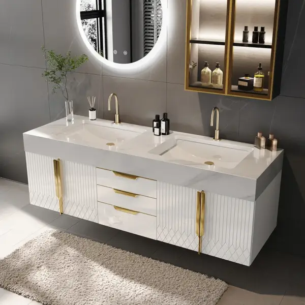Aro 1500mm White Double Basin Wall Mounted Bathroom Vanity Drawers Faux Marble Top - Image 2