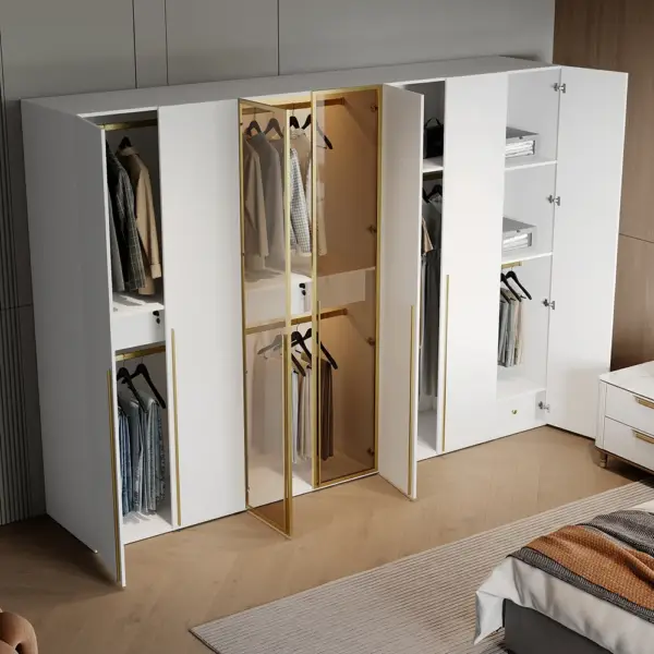 White & Gold Modern Extra Wide Wardrobe with Clear Glass Door Storage with Sensor Light - Image 5