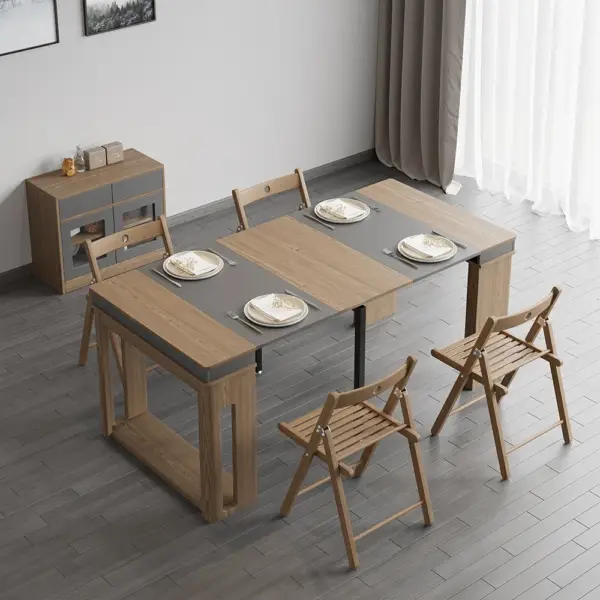 Modern Extendable Dining Table with 4 Chairs Rectangle Storage Sideboard Walnut&Gray - Image 3