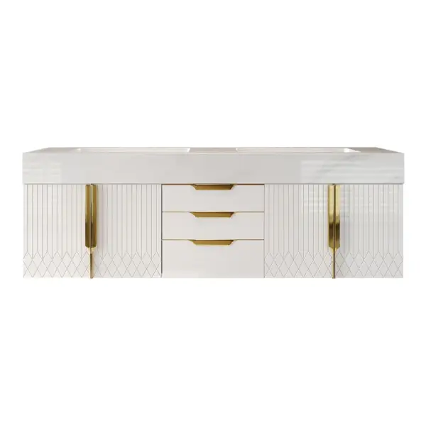 Aro 1500mm White Double Basin Wall Mounted Bathroom Vanity Drawers Faux Marble Top - Image 12